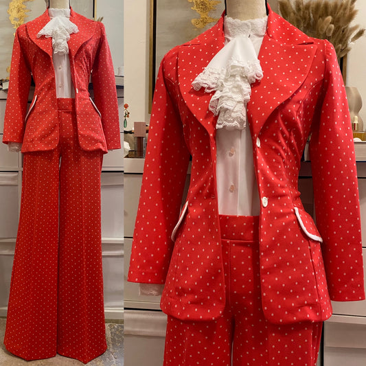70's Polka Dot Mid-Low Rise Wide Leg Pantsuit (S)