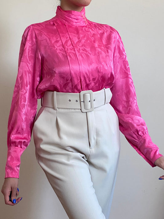 80's Satin Floral Pleated Button-Down Blouse (S-M)