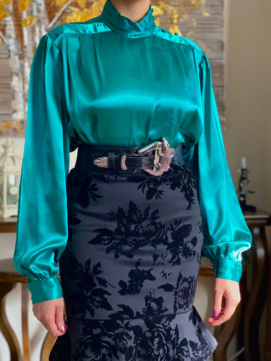 80's Green Satin Mock Neck Long Sleeve Blouse (12)