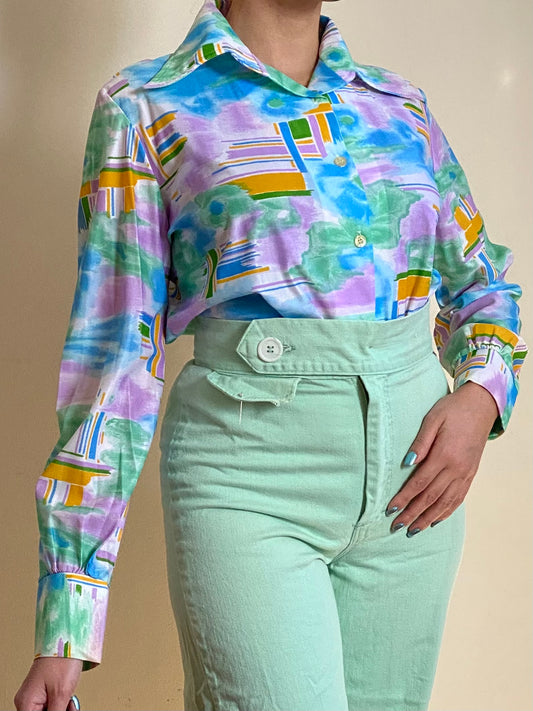 70's WATERCOLOR ABSTRACT STATEMENT COLLAR BLOUSE (M)