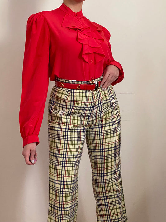 80's Ruffle Cravat Bow Collar Long Puff Sleeves Blouse (S-M)