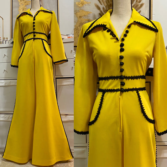 70's Iconic Yellow Major Bell Bottom Flare Jumpsuit w/ Ric-Rac Trim (M-L)
