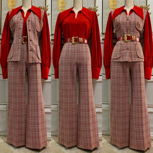 70's Plaid Wide Leg 2pc Vest Pantsuit (S-M)