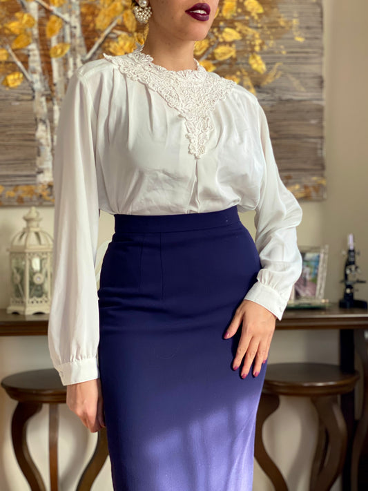 80's Lace Applique Long Sleeve Blouse (M)