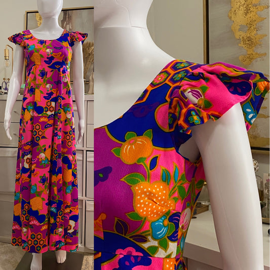 60's-70's Pink Psychedelic Maxi Dress W/ Ruffle Sleeves (XS-S)