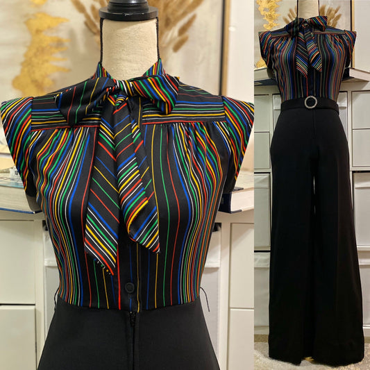 70's Rainbow Bodice, Wide Leg Jumpsuit (S-M, 27"W)