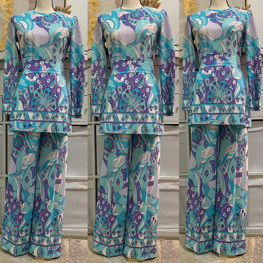 70’s Blue Abstract Mod 3PC Pantsuit (S-M)