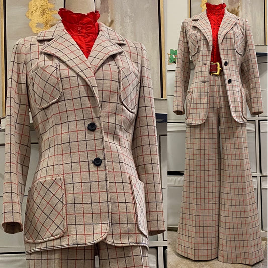 70s Textured Windowpane 2PC Wide Leg Pantsuit (M-L, 26"-34"W)