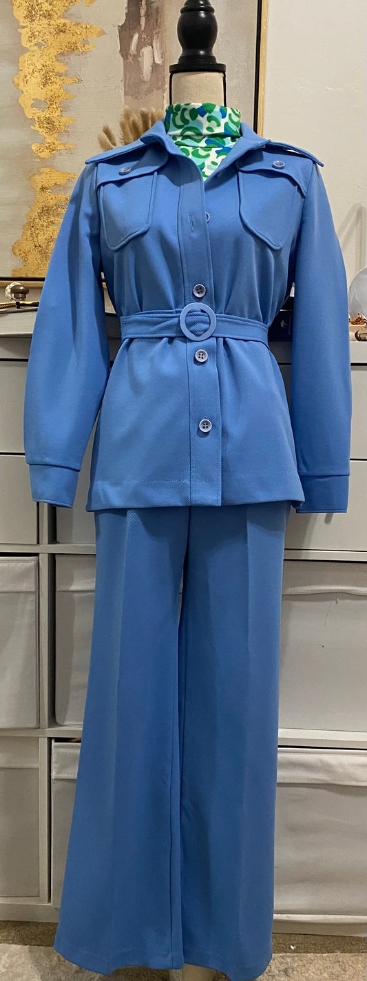 70’s 2-piece Set (Dagger Collar Jacket Shirt & High Rise Wide Leg Bottoms) (S-M)