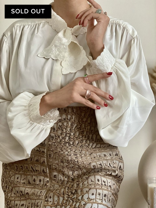 Oversized long sleeve blouse with floral embroidery neckline